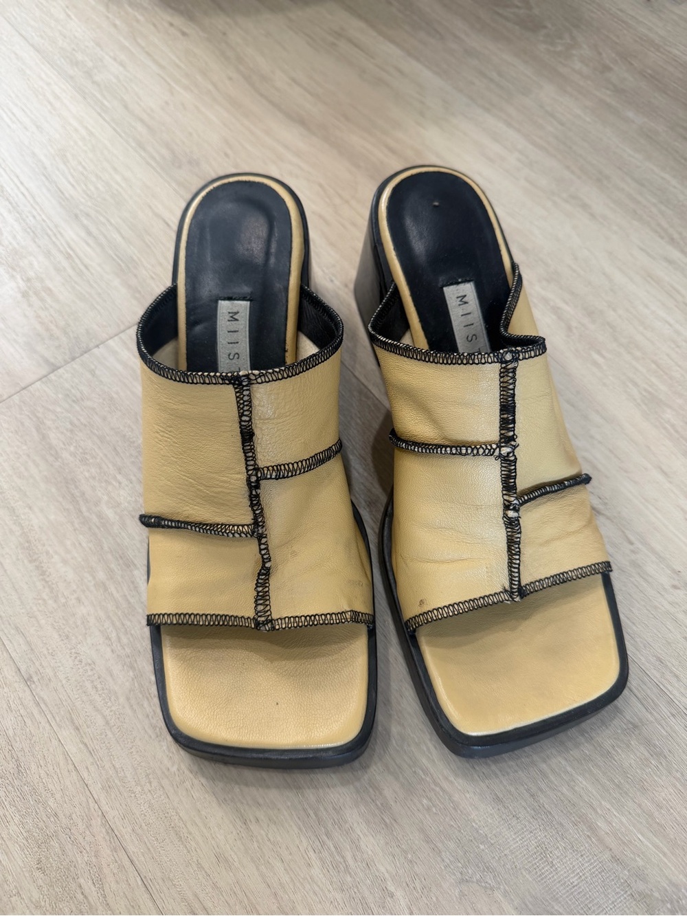 Miista Two-Tone Yellow/ beige Leather Slide Mules with Black Trim